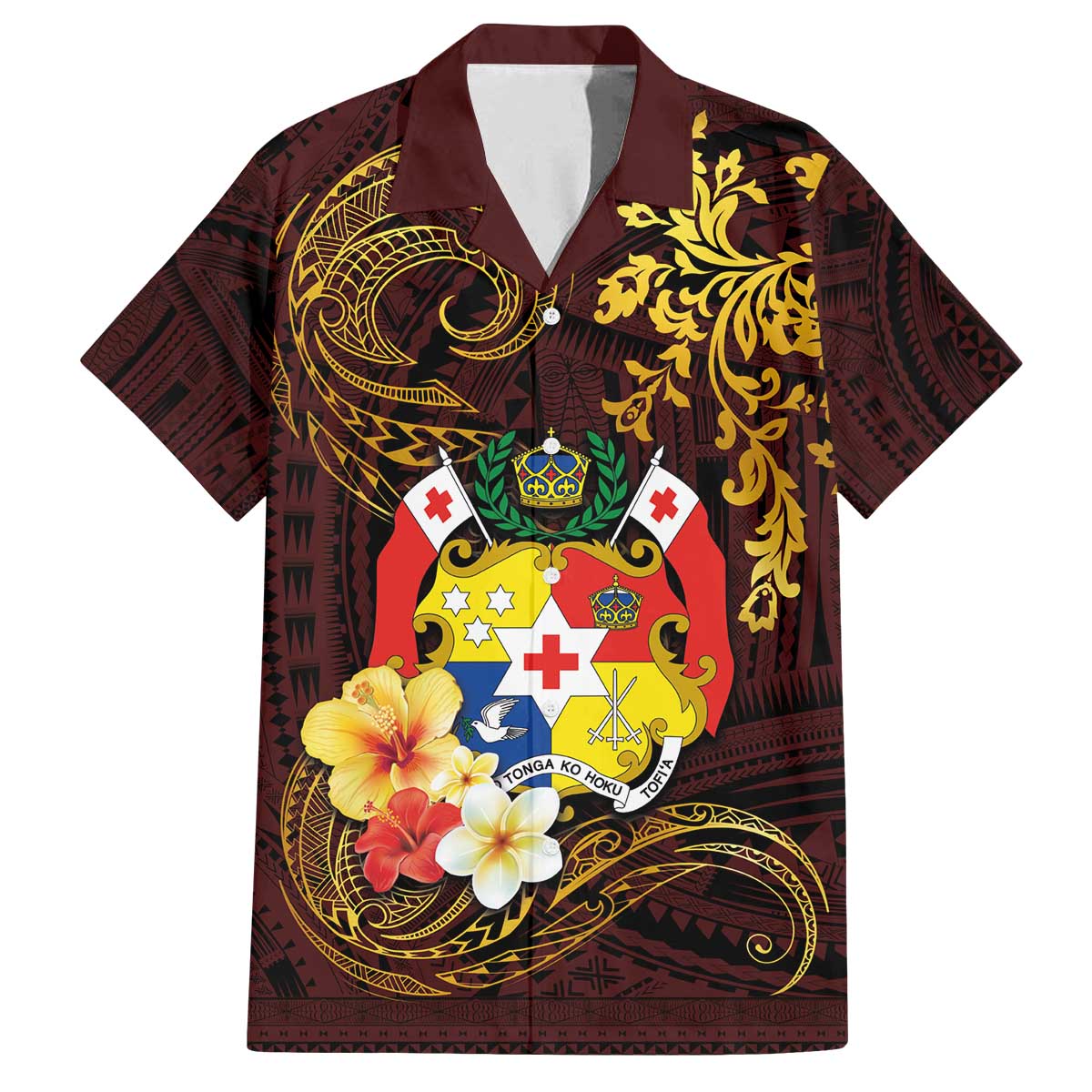 Tonga Ngatu and Hibiscus with Polynesian Tattoo Family Matching Puletasi and Hawaiian Shirt Gold and Oxblood Color