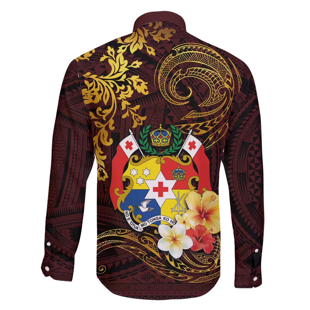 Tonga Ngatu and Hibiscus with Polynesian Tattoo Family Matching Short Sleeve Bodycon Dress and Hawaiian Shirt Gold and Oxblood Color