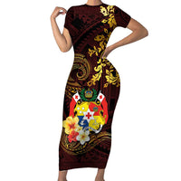 Tonga Ngatu and Hibiscus with Polynesian Tattoo Family Matching Short Sleeve Bodycon Dress and Hawaiian Shirt Gold and Oxblood Color