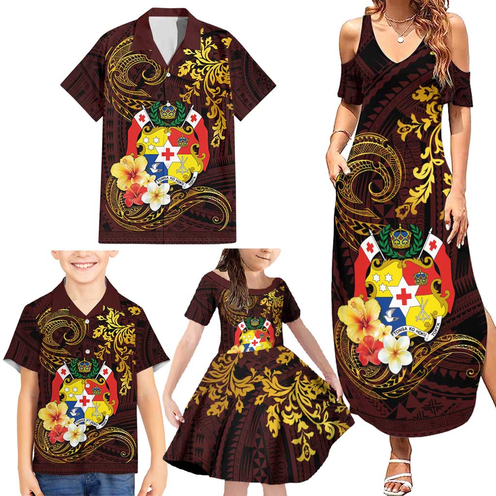 Tonga Ngatu and Hibiscus with Polynesian Tattoo Family Matching Summer Maxi Dress and Hawaiian Shirt Gold and Oxblood Color LT03 - Polynesian Pride