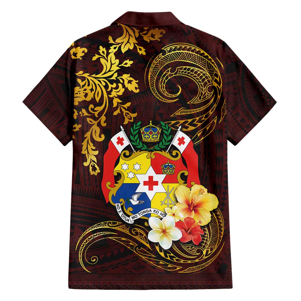 Tonga Ngatu and Hibiscus with Polynesian Tattoo Family Matching Tank Maxi Dress and Hawaiian Shirt Gold and Oxblood Color