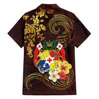 Tonga Ngatu and Hibiscus with Polynesian Tattoo Family Matching Tank Maxi Dress and Hawaiian Shirt Gold and Oxblood Color