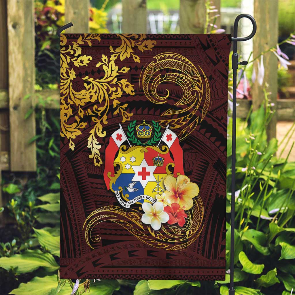 Tonga Ngatu and Hibiscus with Polynesian Tattoo Garden Flag Gold and Oxblood Color
