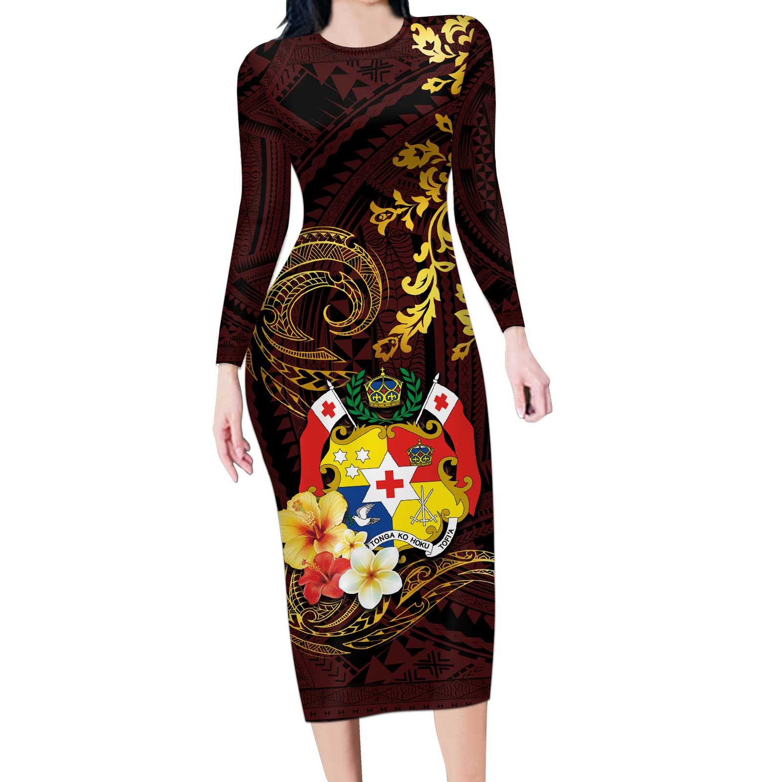 Tonga Ngatu and Hibiscus with Polynesian Tattoo Long Sleeve Bodycon Dress Gold and Oxblood Color LT03 Long Dress Oxblood - Polynesian Pride