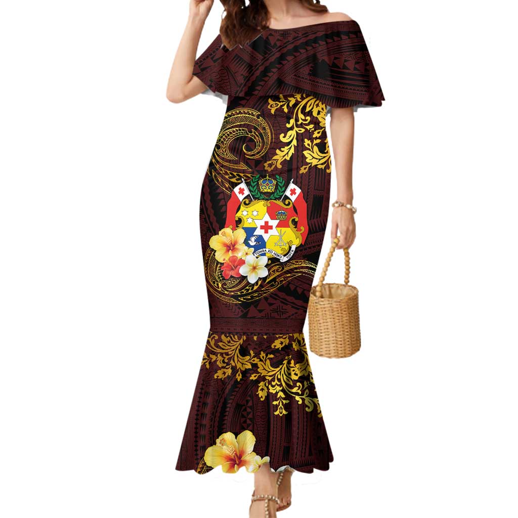 Tonga Ngatu and Hibiscus with Polynesian Tattoo Mermaid Dress Gold and Oxblood Color LT03 Women Oxblood - Polynesian Pride