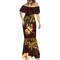 Tonga Ngatu and Hibiscus with Polynesian Tattoo Mermaid Dress Gold and Oxblood Color
