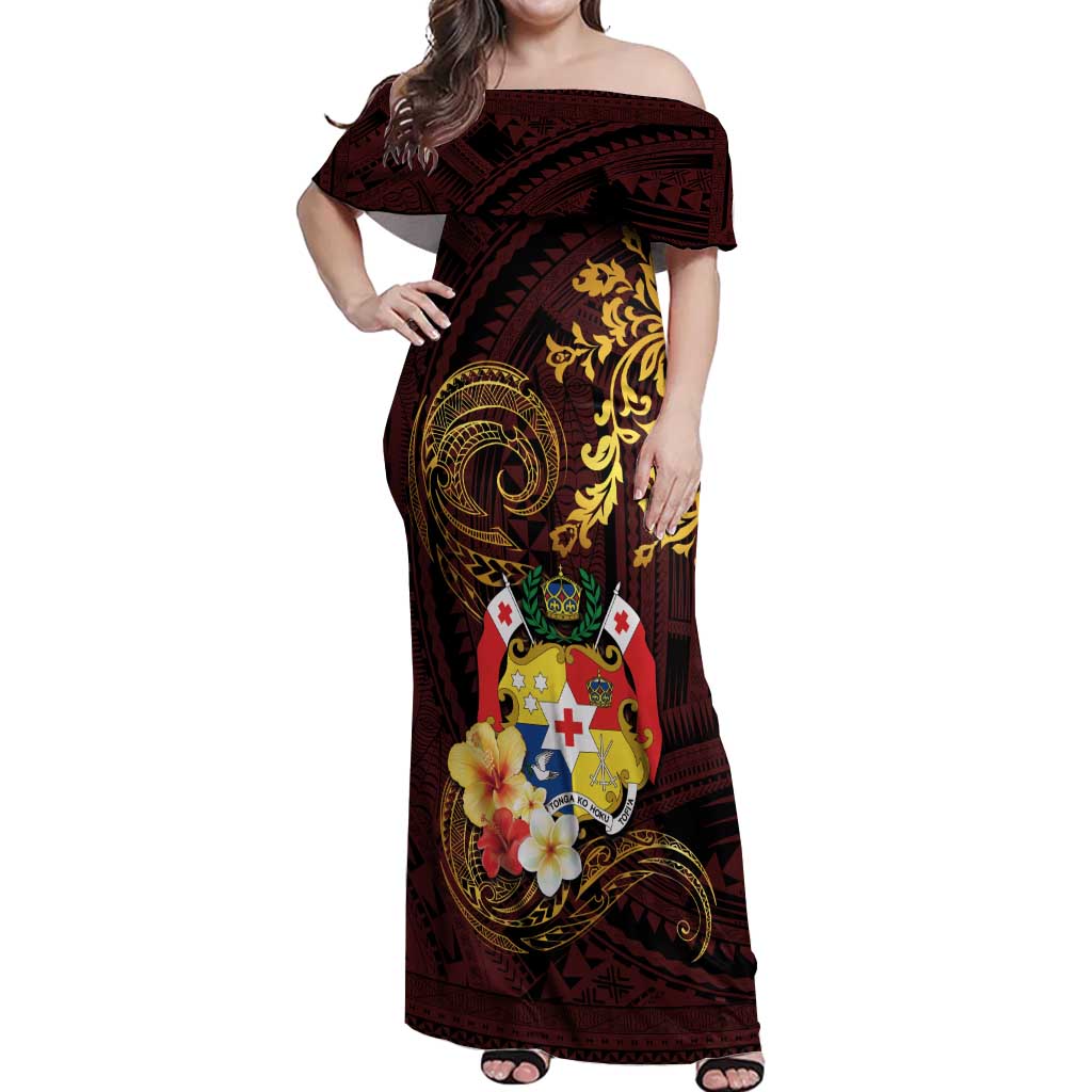 Tonga Ngatu and Hibiscus with Polynesian Tattoo Off Shoulder Maxi Dress Gold and Oxblood Color LT03 Women Oxblood - Polynesian Pride
