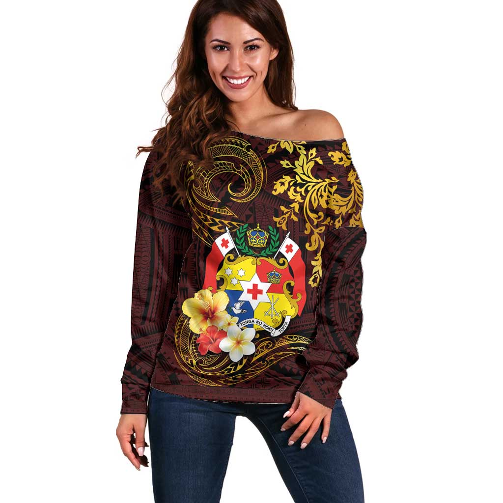 Tonga Ngatu and Hibiscus with Polynesian Tattoo Off Shoulder Sweater Gold and Oxblood Color LT03 Women Oxblood - Polynesian Pride