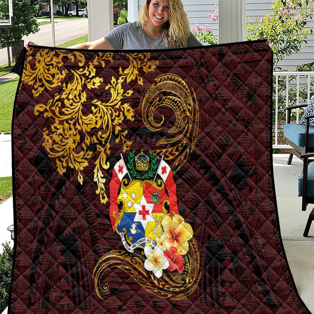Tonga Ngatu and Hibiscus with Polynesian Tattoo Quilt Gold and Oxblood Color LT03 Oxblood - Polynesian Pride