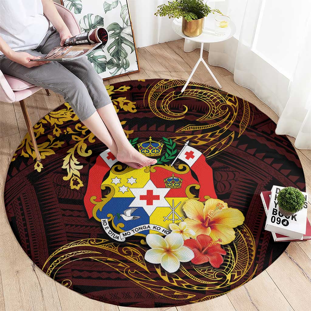 Tonga Ngatu and Hibiscus with Polynesian Tattoo Round Carpet Gold and Oxblood Color LT03 - Polynesian Pride