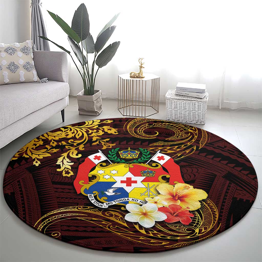 Tonga Ngatu and Hibiscus with Polynesian Tattoo Round Carpet Gold and Oxblood Color LT03 - Polynesian Pride