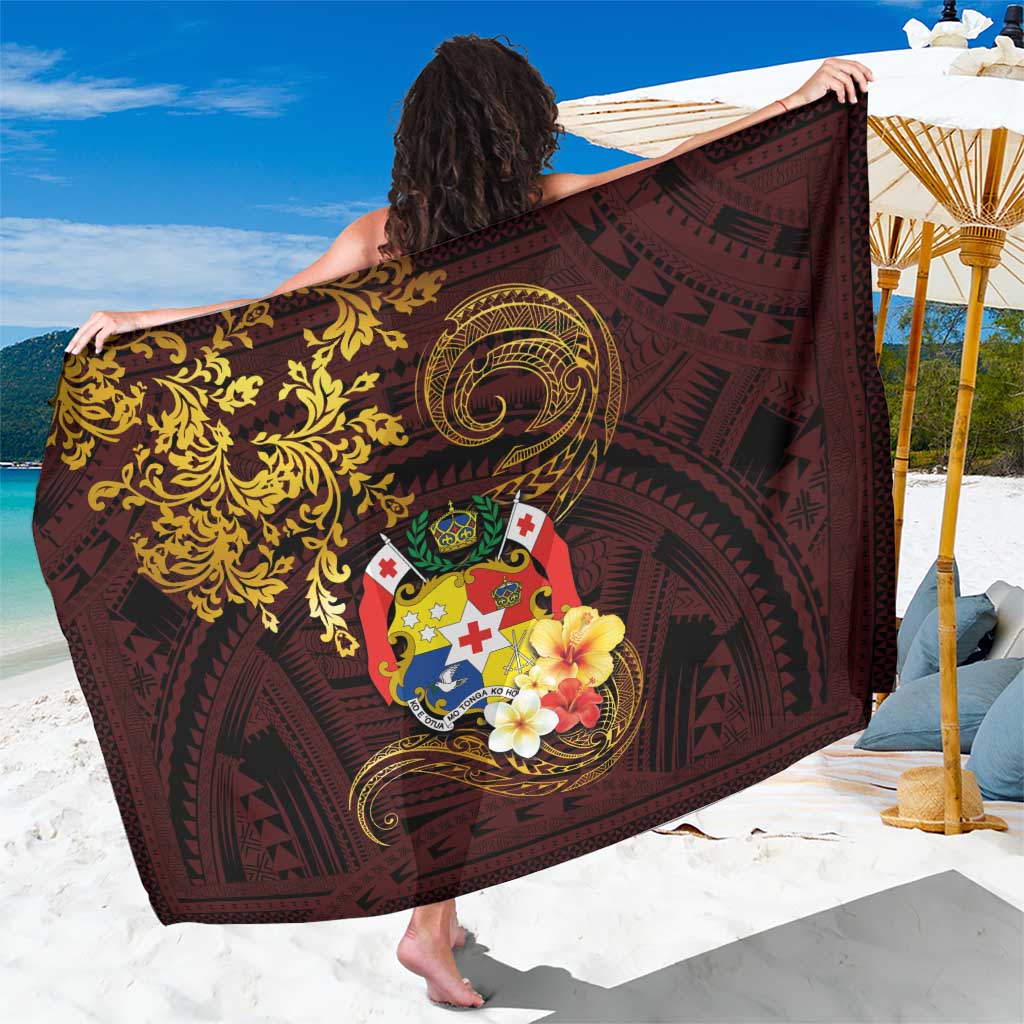 Tonga Ngatu and Hibiscus with Polynesian Tattoo Sarong Gold and Oxblood Color LT03 One Size 44 x 66 inches Oxblood - Polynesian Pride
