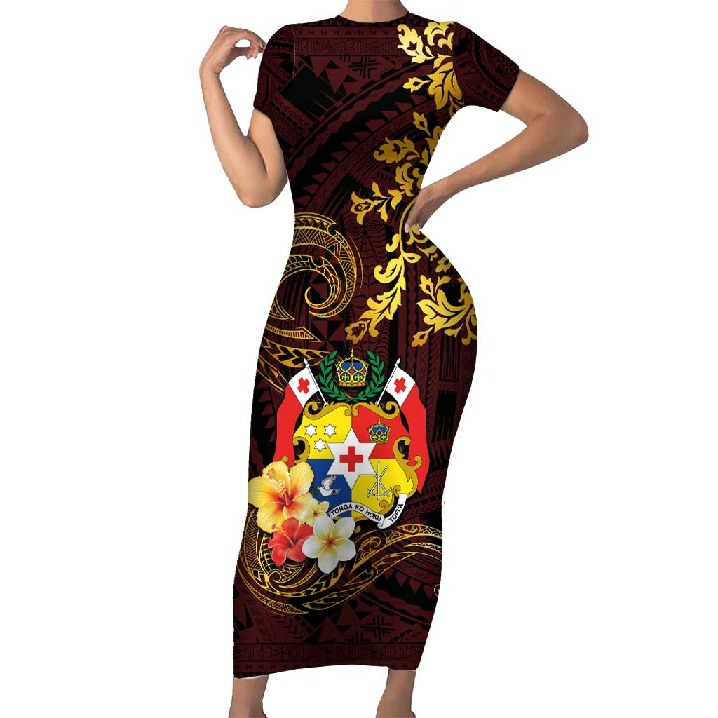 Tonga Ngatu and Hibiscus with Polynesian Tattoo Short Sleeve Bodycon Dress Gold and Oxblood Color LT03 Long Dress Oxblood - Polynesian Pride