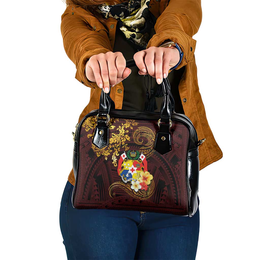 Tonga Ngatu and Hibiscus with Polynesian Tattoo Shoulder Handbag Gold and Oxblood Color LT03 One Size Oxblood - Polynesian Pride