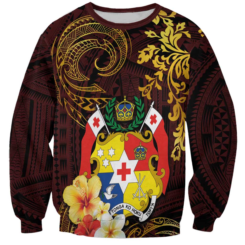 Tonga Ngatu and Hibiscus with Polynesian Tattoo Sweatshirt Gold and Oxblood Color LT03 Unisex Oxblood - Polynesian Pride