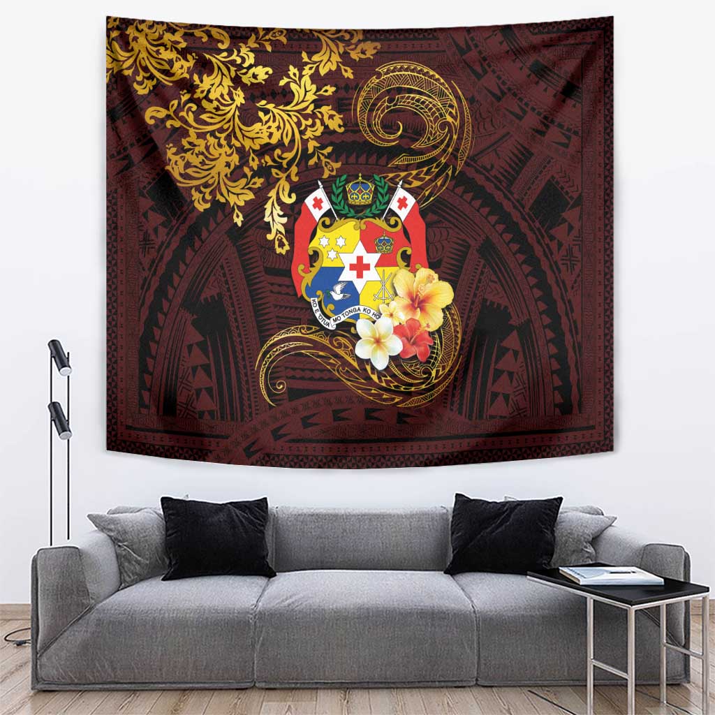 Tonga Ngatu and Hibiscus with Polynesian Tattoo Tapestry Gold and Oxblood Color LT03 Oxblood - Polynesian Pride