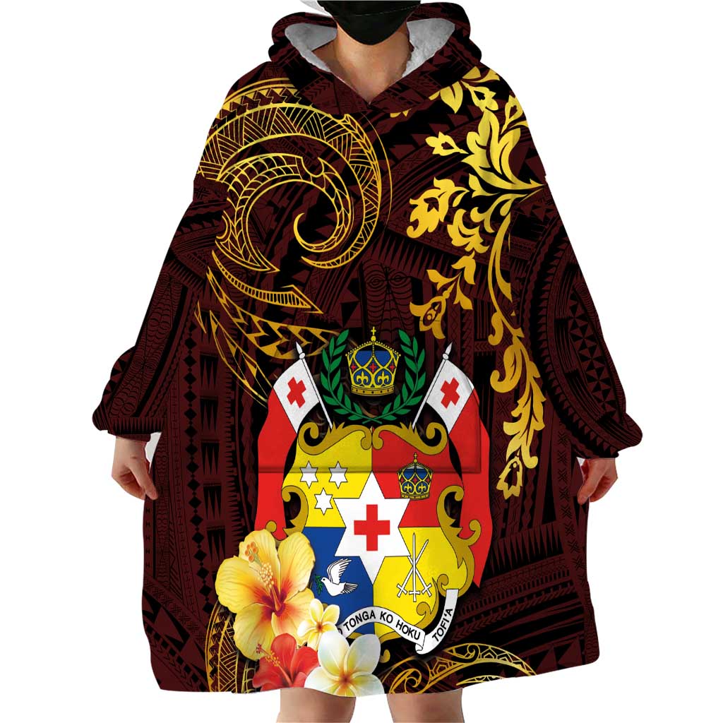 Tonga Ngatu and Hibiscus with Polynesian Tattoo Wearable Blanket Hoodie Gold and Oxblood Color