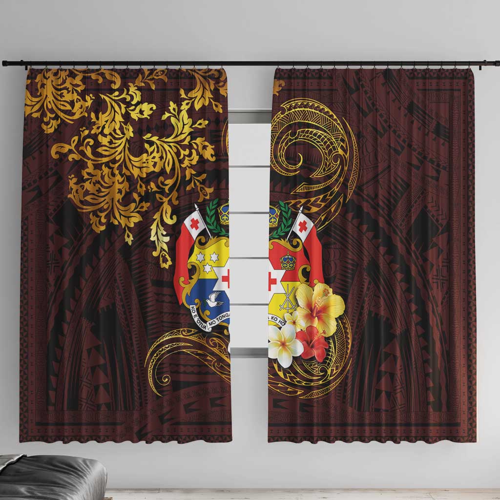 Tonga Ngatu and Hibiscus with Polynesian Tattoo Window Curtain Gold and Oxblood Color LT03 With Hooks Oxblood - Polynesian Pride