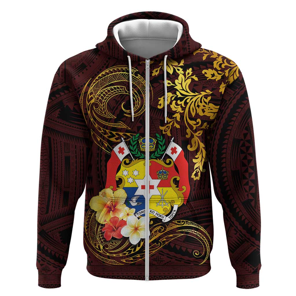 Tonga Ngatu and Hibiscus with Polynesian Tattoo Zip Hoodie Gold and Oxblood Color LT03 Zip Hoodie Oxblood - Polynesian Pride