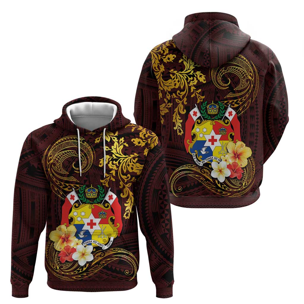 Tonga Ngatu and Hibiscus with Polynesian Tattoo Zip Hoodie Gold and Oxblood Color LT03 - Polynesian Pride