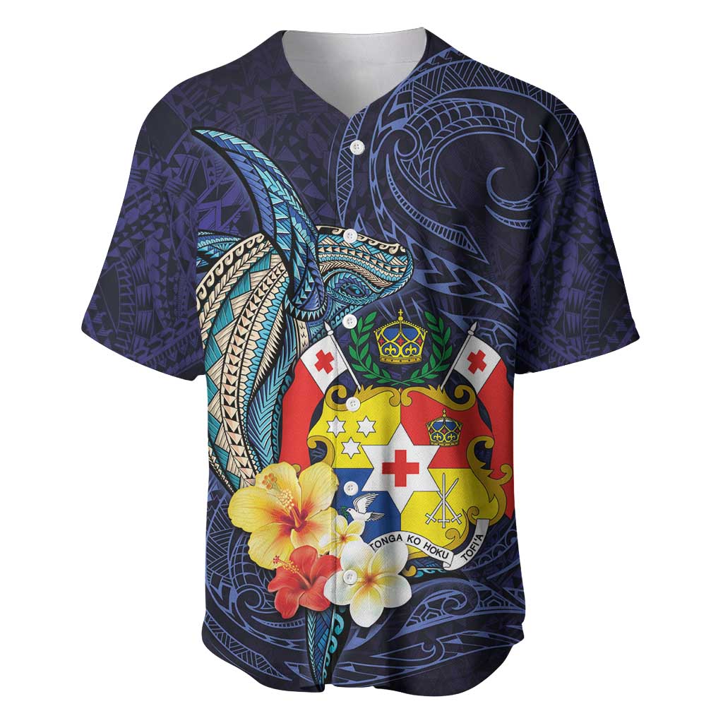 Tonga Vava'u Humpback Whale Blue Water Baseball Jersey Polynesian Hibiscus Flowers LT03 Blue - Polynesian Pride