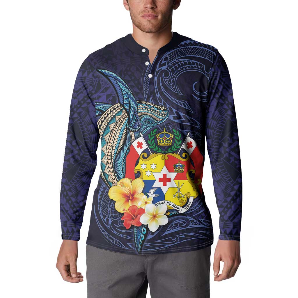 Tonga Vava'u Humpback Whale Blue Water Button Sweatshirt Polynesian Hibiscus Flowers