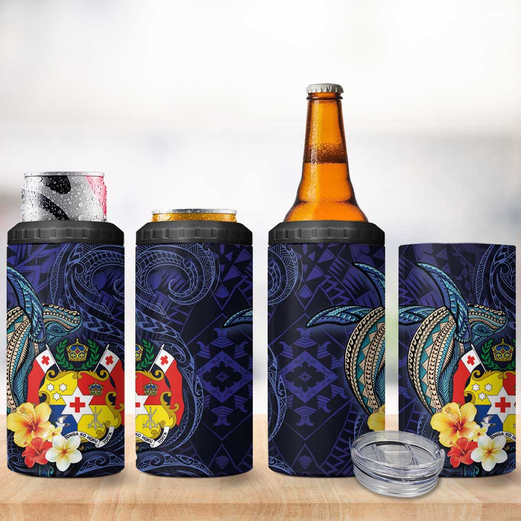 Tonga Vava'u Humpback Whale Blue Water 4 in 1 Can Cooler Tumbler Polynesian Hibiscus Flowers