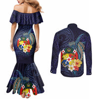 Tonga Vava'u Humpback Whale Blue Water Couples Matching Mermaid Dress and Long Sleeve Button Shirt Polynesian Hibiscus Flowers