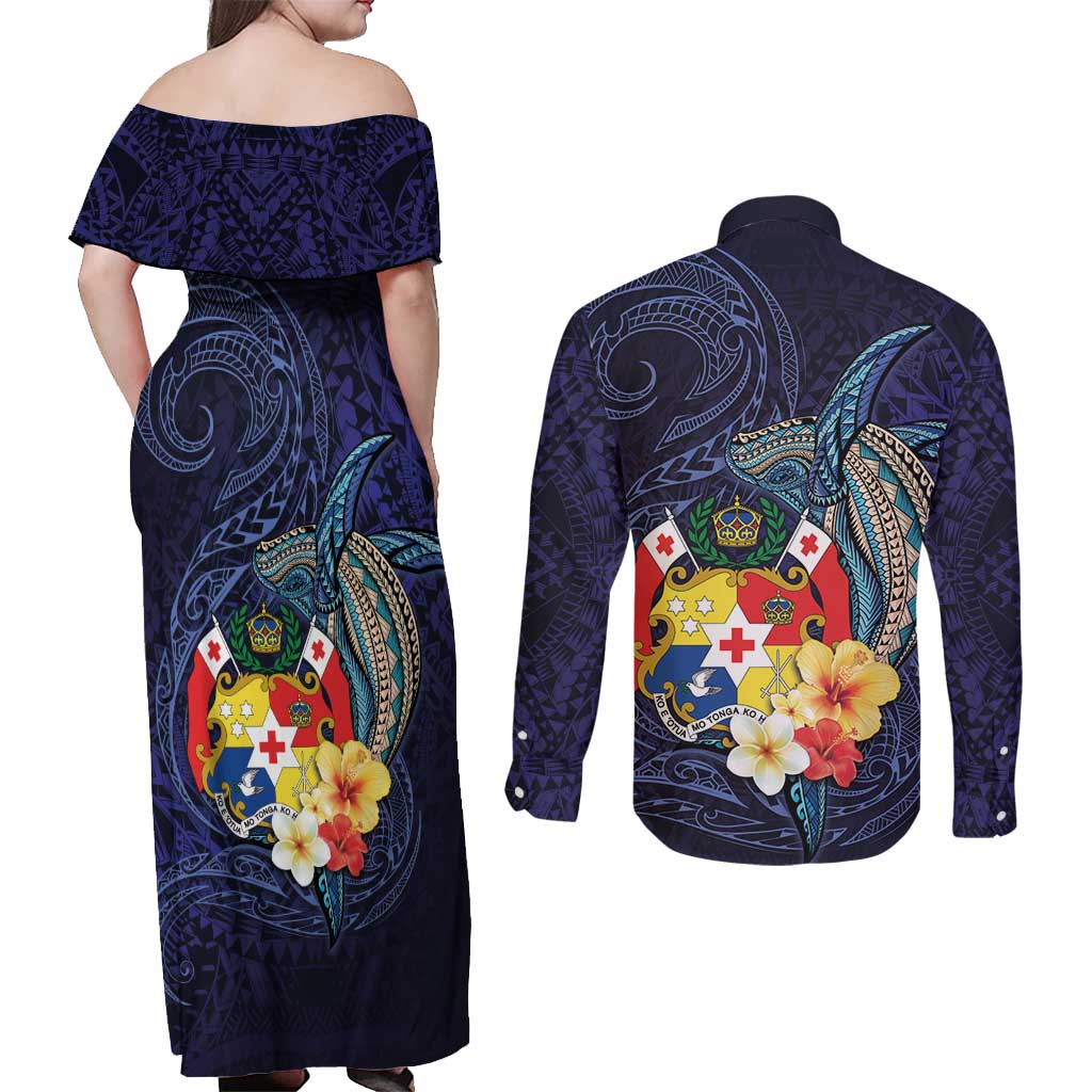 Tonga Vava'u Humpback Whale Blue Water Couples Matching Off Shoulder Maxi Dress and Long Sleeve Button Shirt Polynesian Hibiscus Flowers