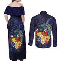 Tonga Vava'u Humpback Whale Blue Water Couples Matching Off Shoulder Maxi Dress and Long Sleeve Button Shirt Polynesian Hibiscus Flowers