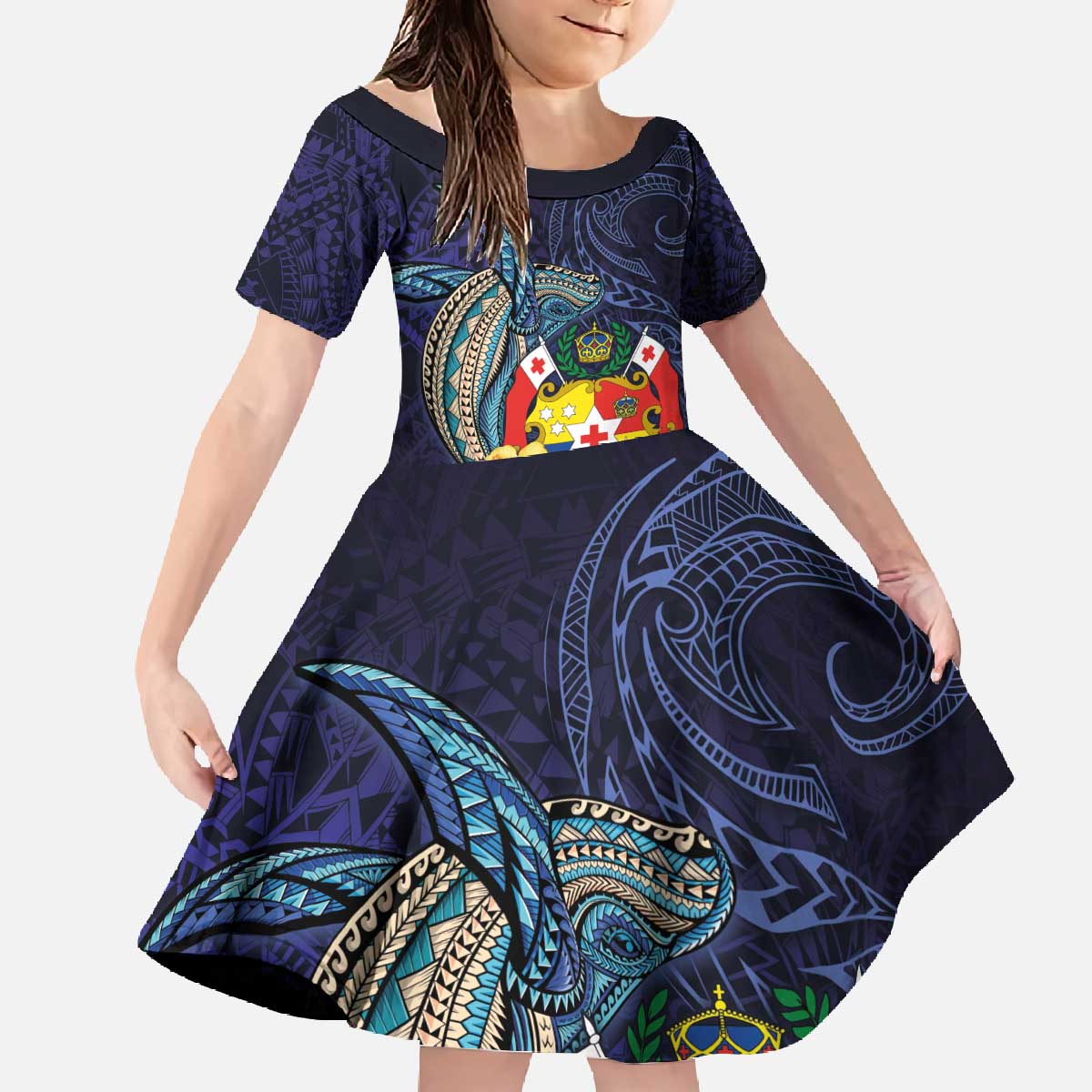 Tonga Vava'u Humpback Whale Blue Water Family Matching Off The Shoulder Long Sleeve Dress and Hawaiian Shirt Polynesian Hibiscus Flowers LT03 Daughter's Dress Blue - Polynesian Pride