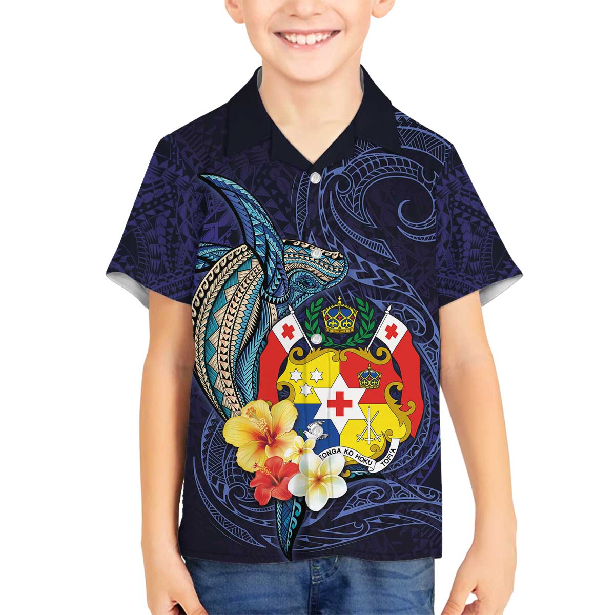 Tonga Vava'u Humpback Whale Blue Water Family Matching Off The Shoulder Long Sleeve Dress and Hawaiian Shirt Polynesian Hibiscus Flowers LT03 Son's Shirt Blue - Polynesian Pride