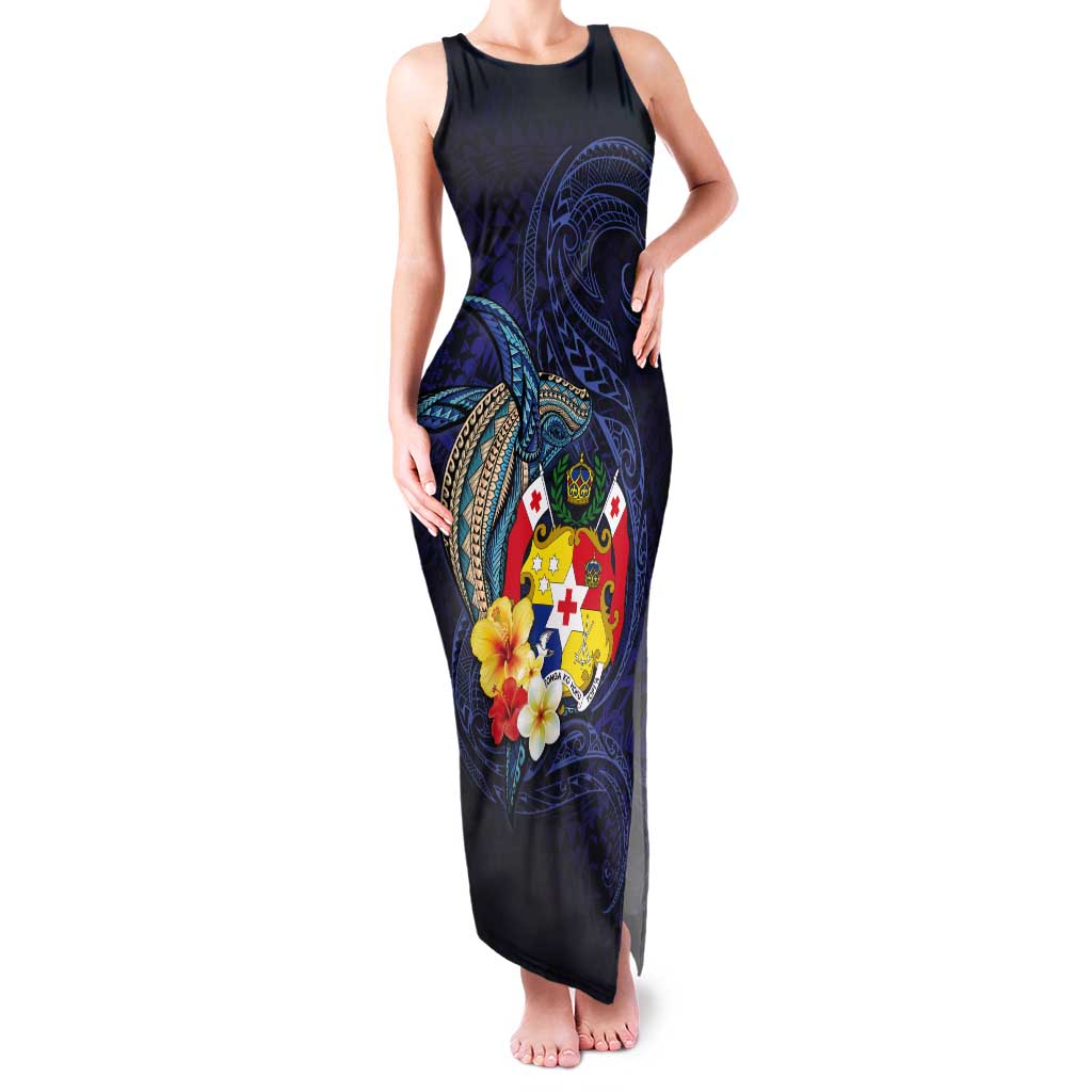 Tonga Vava'u Humpback Whale Blue Water Tank Maxi Dress Polynesian Hibiscus Flowers LT03 Women Blue - Polynesian Pride