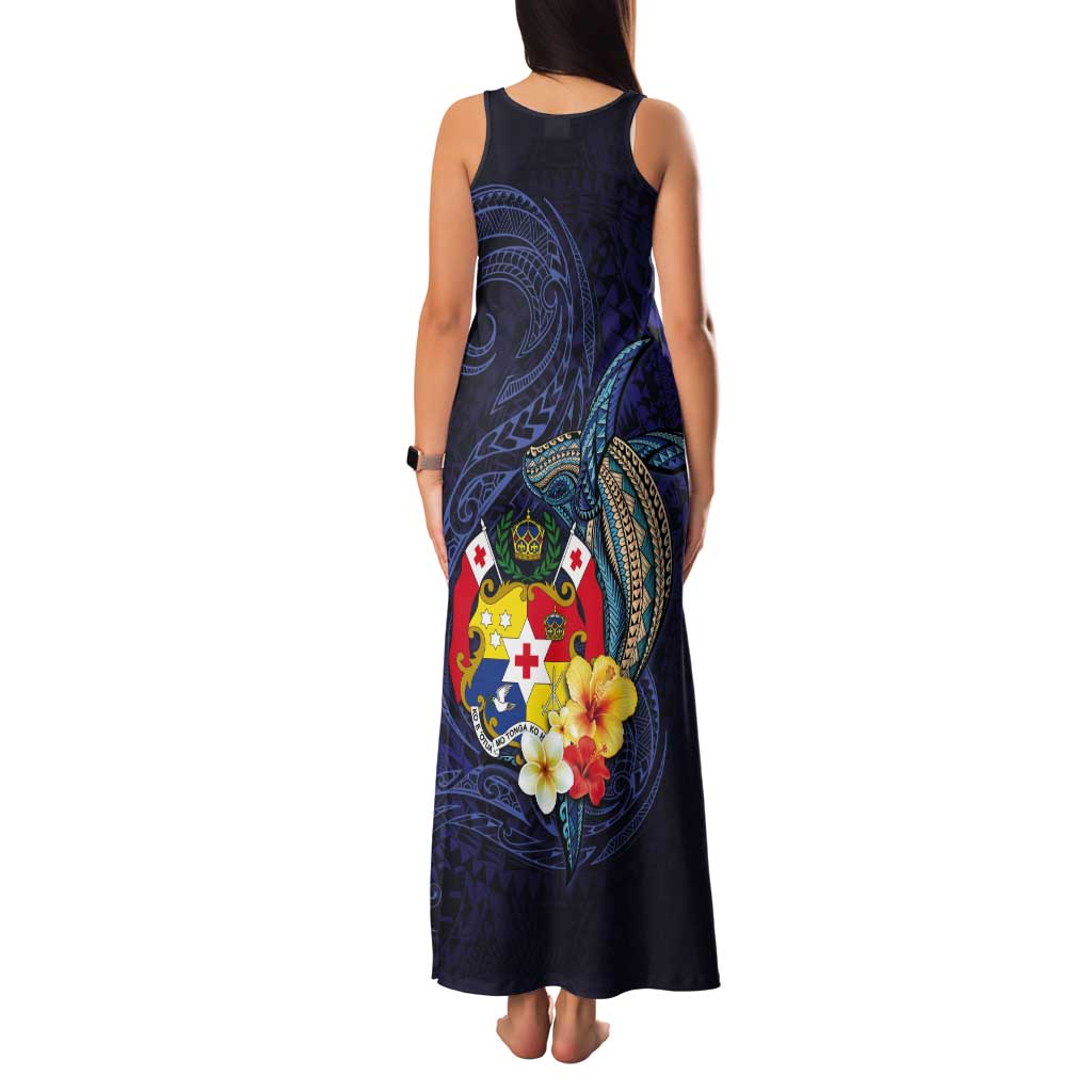 Tonga Vava'u Humpback Whale Blue Water Tank Maxi Dress Polynesian Hibiscus Flowers LT03 - Polynesian Pride