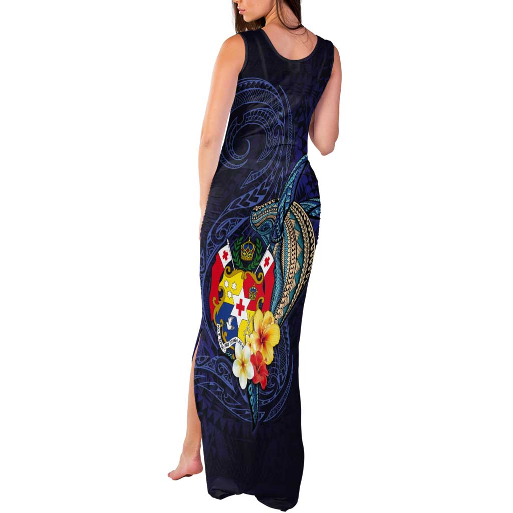 Tonga Vava'u Humpback Whale Blue Water Tank Maxi Dress Polynesian Hibiscus Flowers LT03 - Polynesian Pride