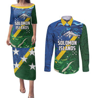 Solomon Islands Polynesian Tribal Shark and Crocodile Couples Matching Puletasi and Long Sleeve Button Shirt