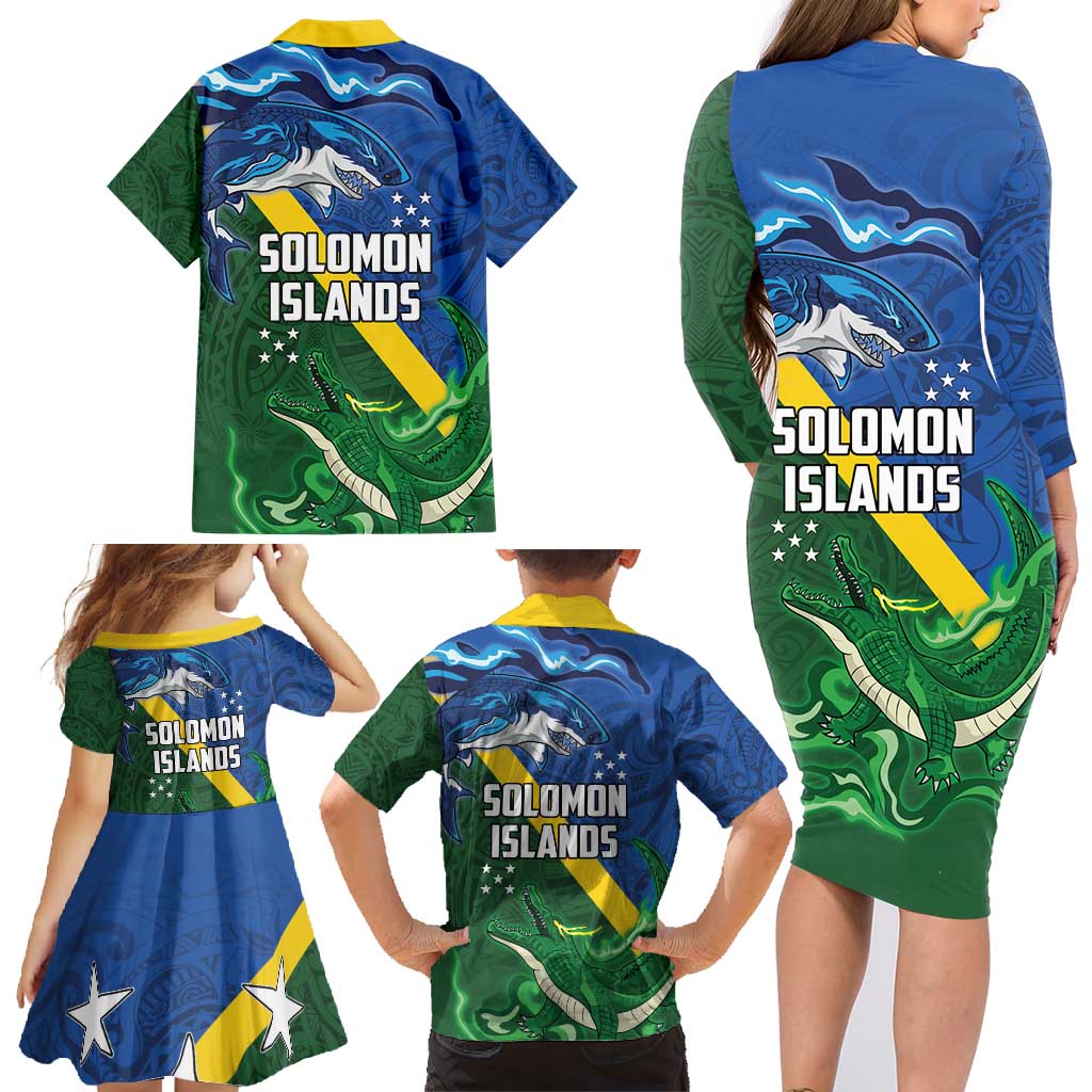 Solomon Islands Polynesian Tribal Shark and Crocodile Family Matching Long Sleeve Bodycon Dress and Hawaiian Shirt