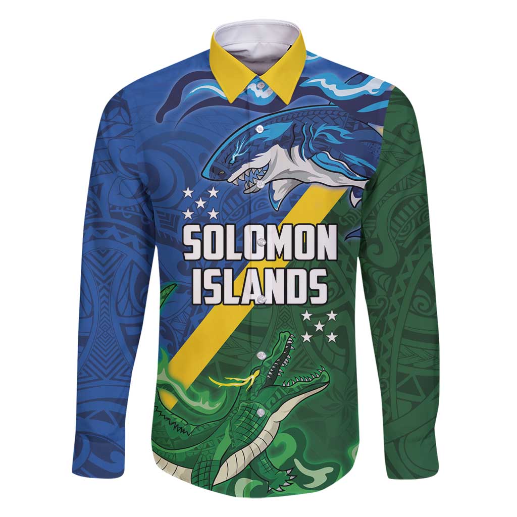 Solomon Islands Polynesian Tribal Shark and Crocodile Family Matching Long Sleeve Bodycon Dress and Hawaiian Shirt