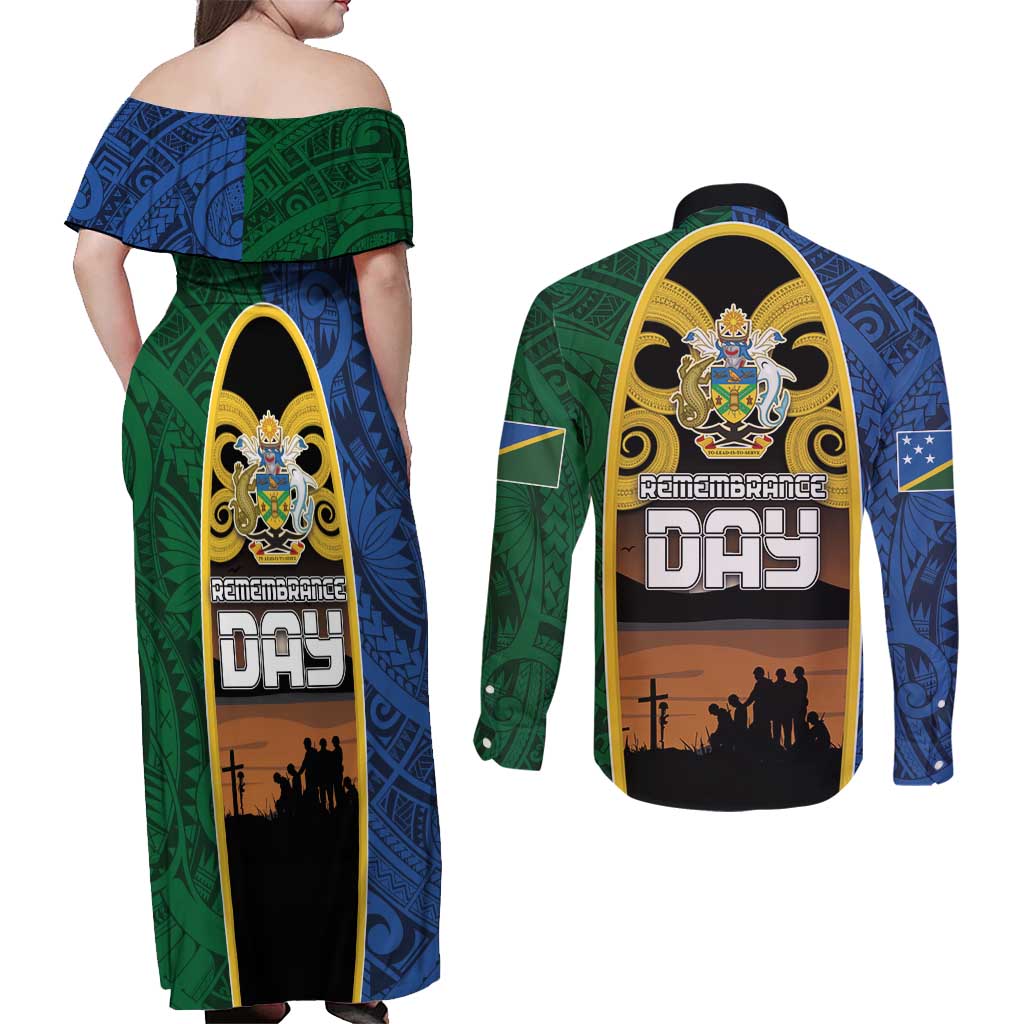 Solomon Islands Remembrance Day Couples Matching Off Shoulder Maxi Dress and Long Sleeve Button Shirt Lest We Forget and Polynesian Tattoo Pattern