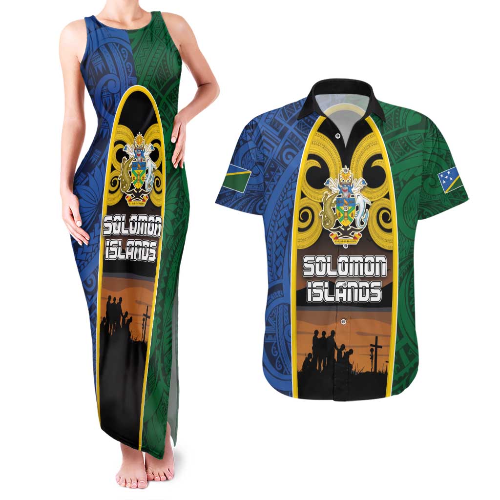 Solomon Islands Remembrance Day Couples Matching Tank Maxi Dress and Hawaiian Shirt Lest We Forget and Polynesian Tattoo Pattern LT03 Black - Polynesian Pride
