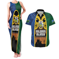 Solomon Islands Remembrance Day Couples Matching Tank Maxi Dress and Hawaiian Shirt Lest We Forget and Polynesian Tattoo Pattern LT03 Black - Polynesian Pride