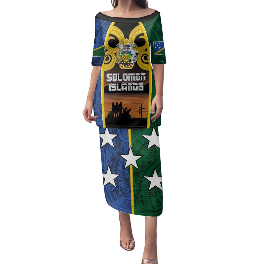 Solomon Islands Remembrance Day Family Matching Puletasi and Hawaiian Shirt Lest We Forget and Polynesian Tattoo Pattern