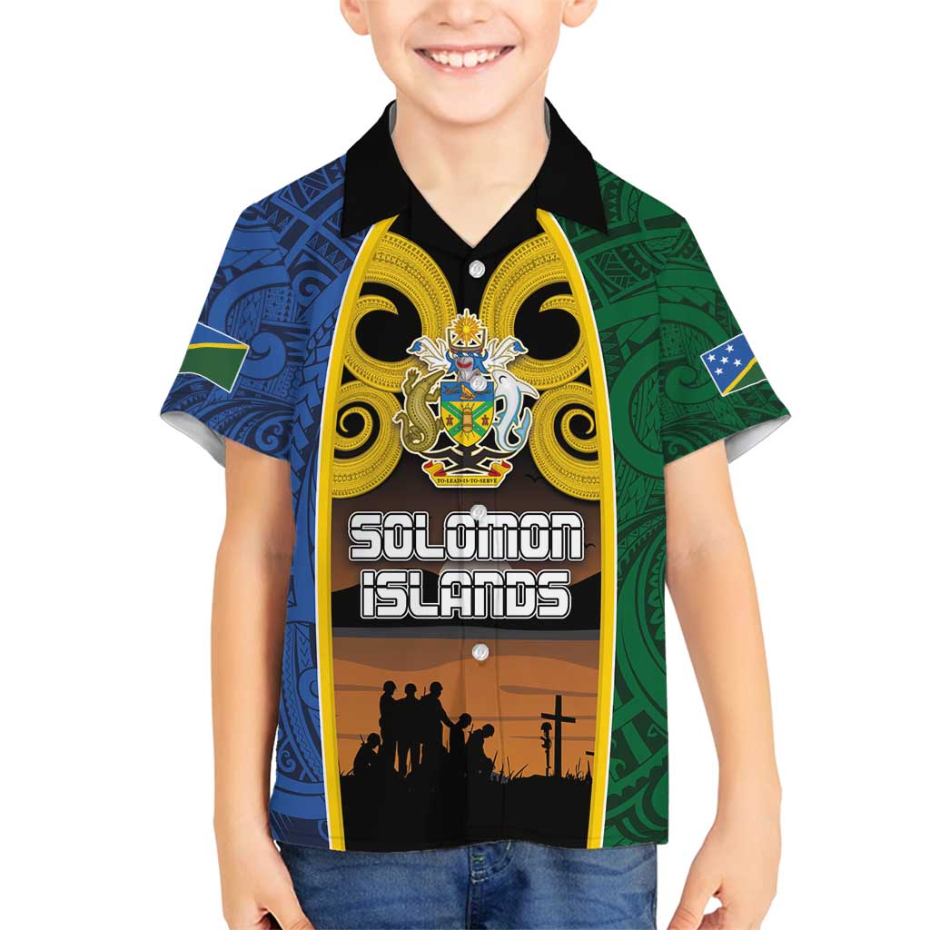Solomon Islands Remembrance Day Family Matching Summer Maxi Dress and Hawaiian Shirt Lest We Forget and Polynesian Tattoo Pattern