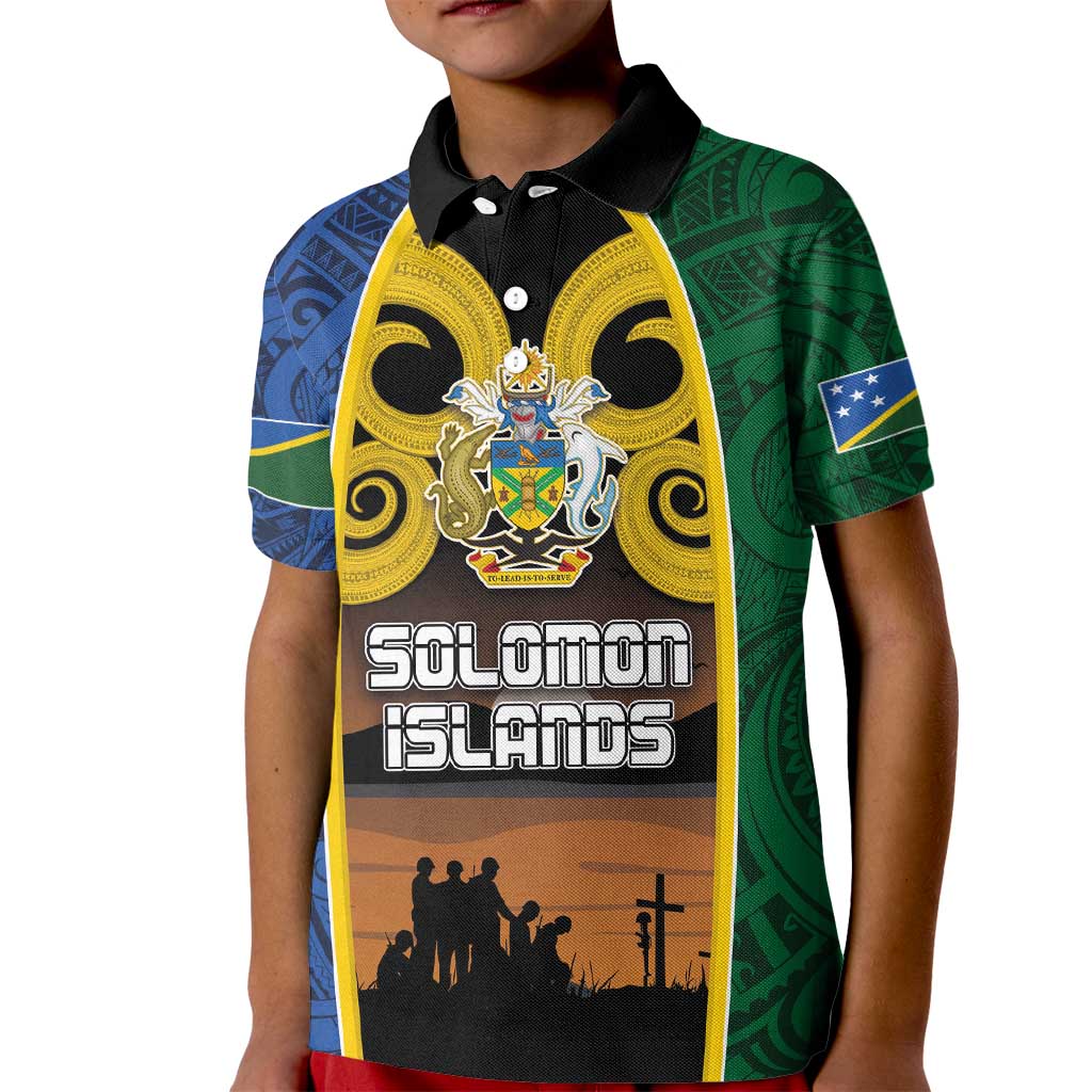 Solomon Islands Remembrance Day Kid Polo Shirt Lest We Forget and Polynesian Tattoo Pattern