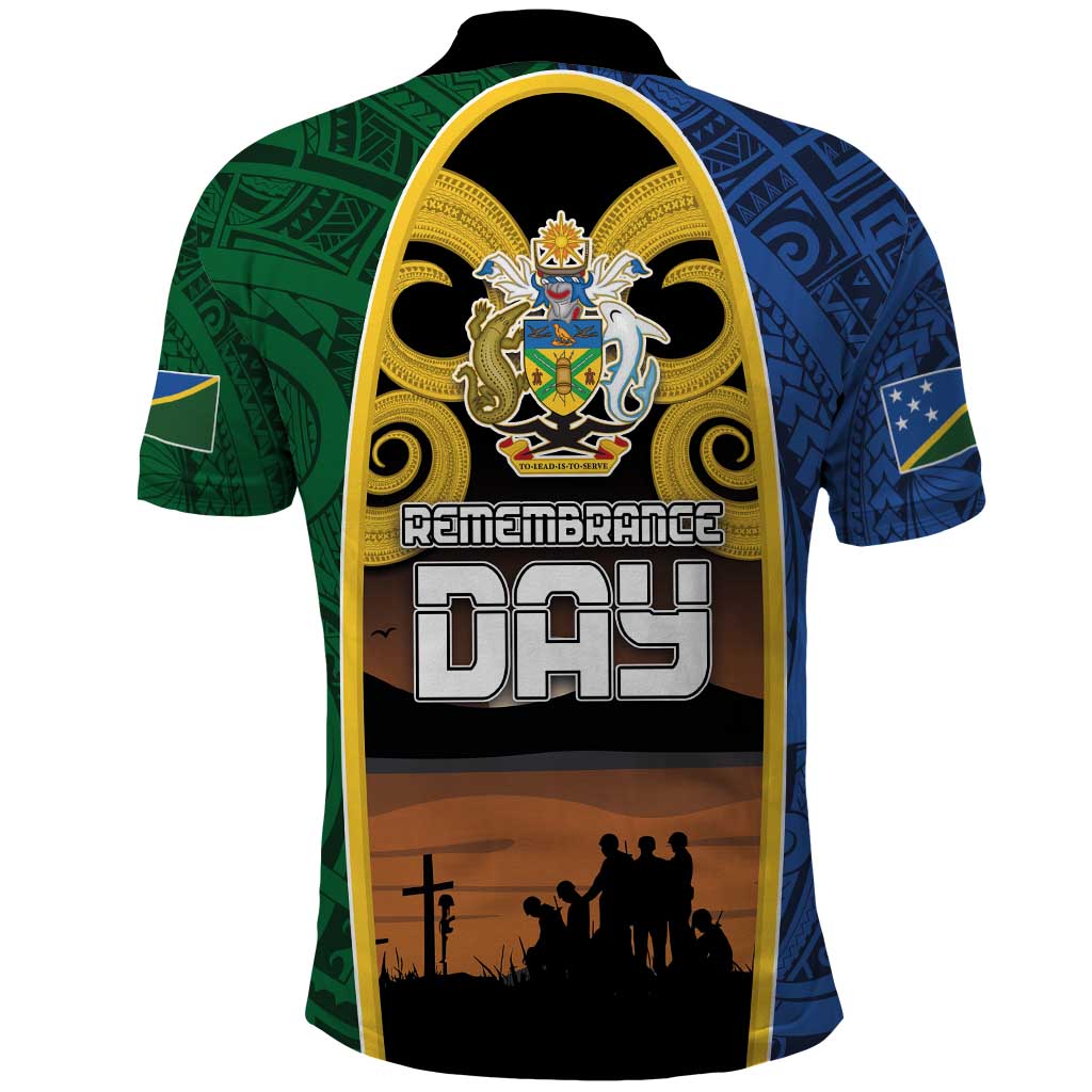 Solomon Islands Remembrance Day Polo Shirt Lest We Forget and Polynesian Tattoo Pattern