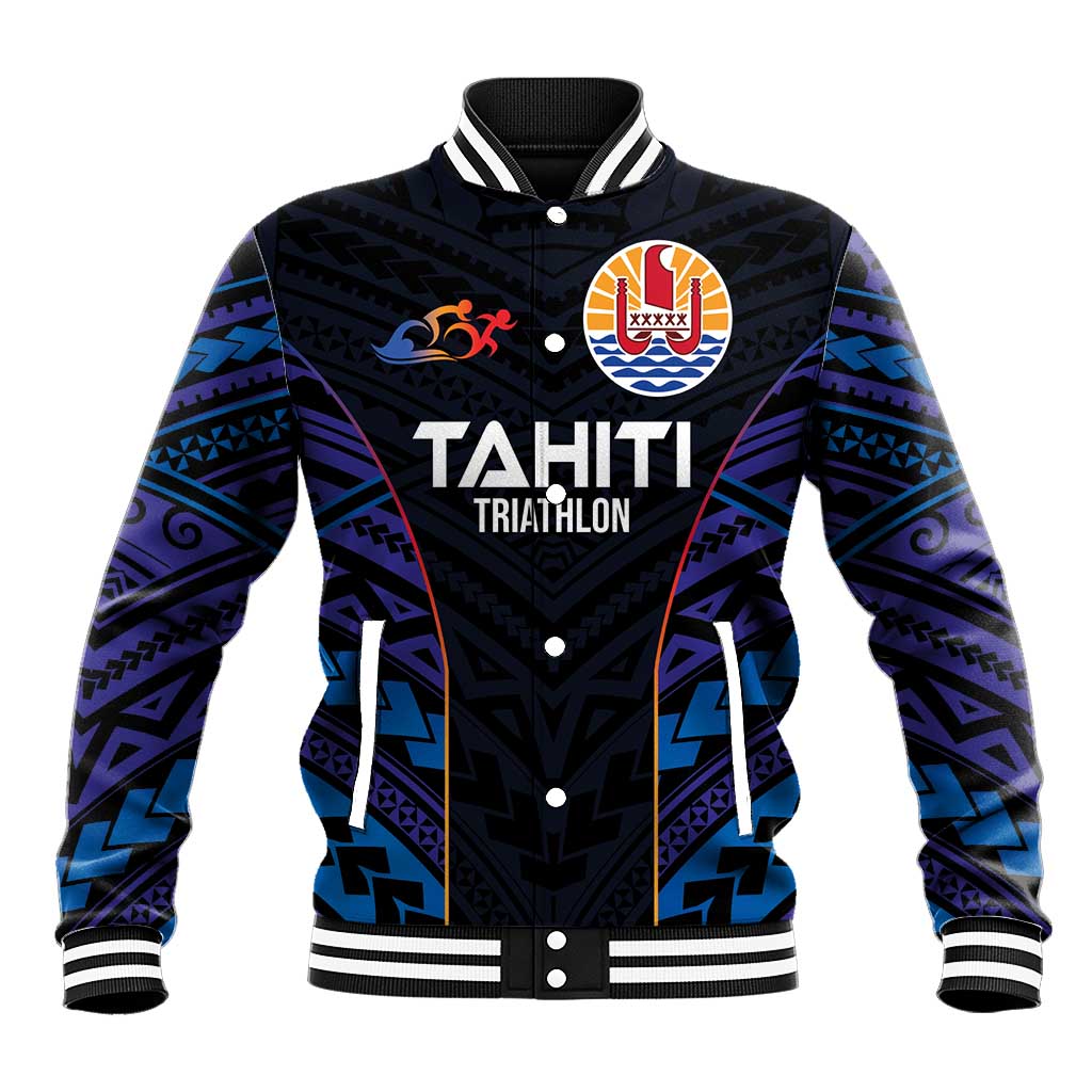 Personalised Tahiti Triathlon Polynesian Pattern Baseball Jacket LT03 Unisex Black - Polynesian Pride