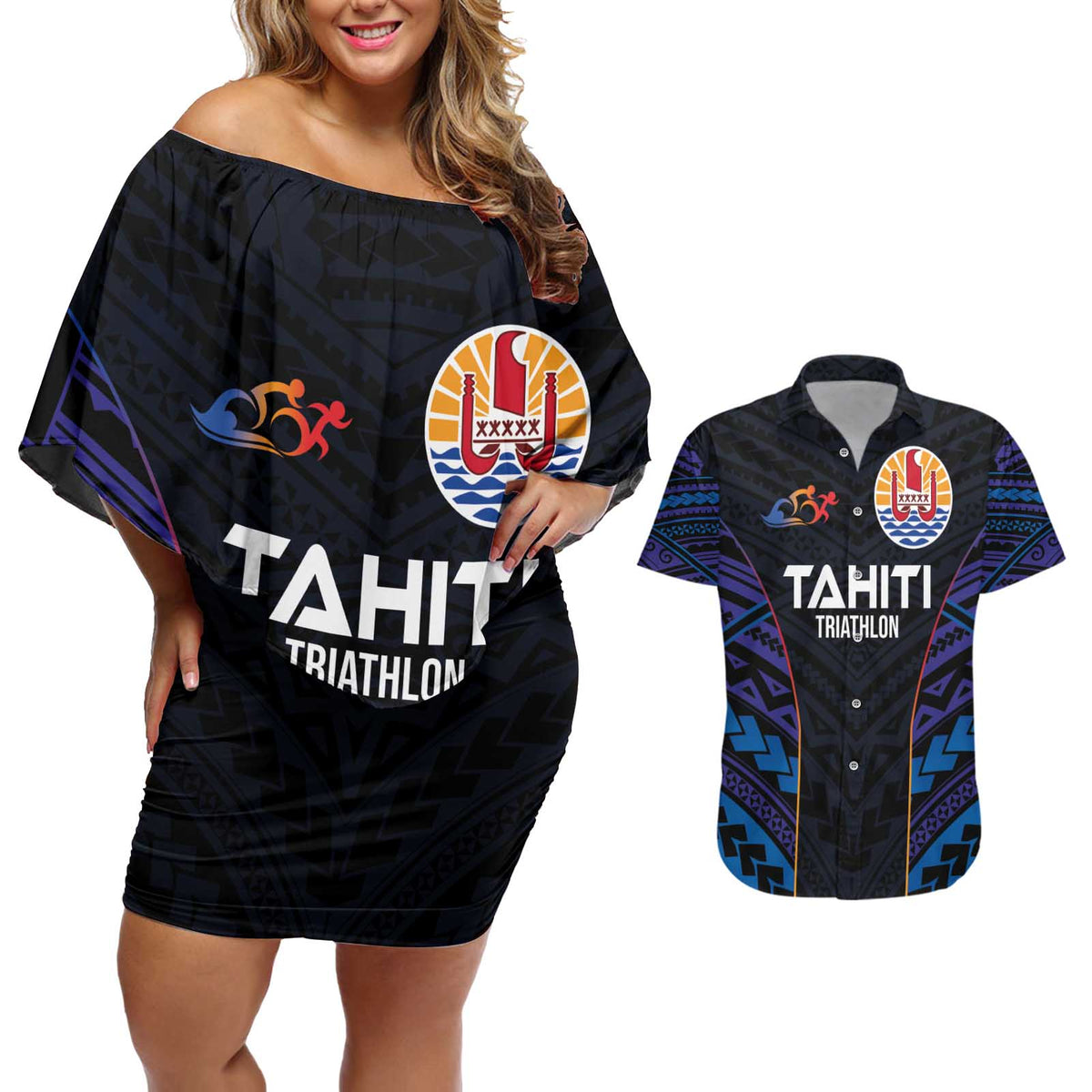Personalised Tahiti Triathlon Polynesian Pattern Couples Matching Off Shoulder Short Dress and Hawaiian Shirt