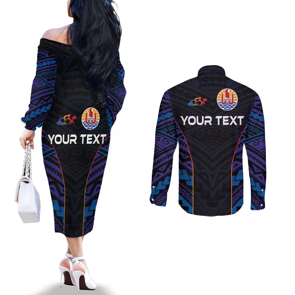 Personalised Tahiti Triathlon Polynesian Pattern Couples Matching Off The Shoulder Long Sleeve Dress and Long Sleeve Button Shirt