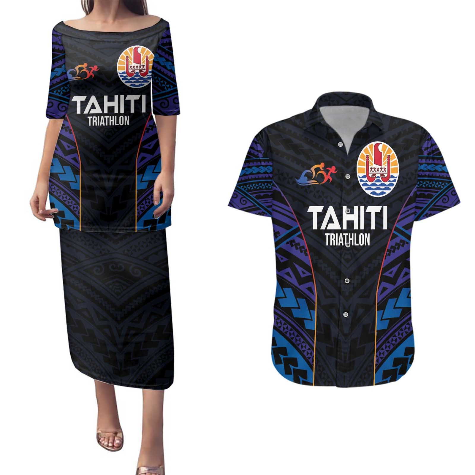 Personalised Tahiti Triathlon Polynesian Pattern Couples Matching Puletasi and Hawaiian Shirt LT03 Black - Polynesian Pride