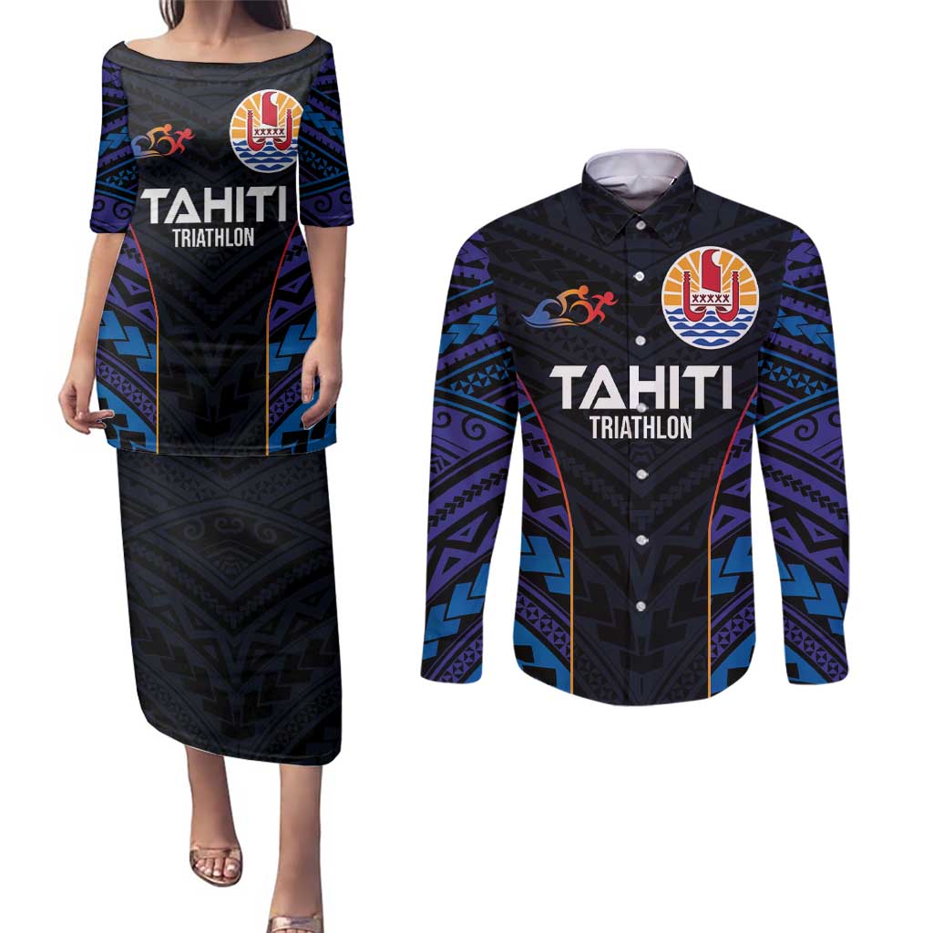 Personalised Tahiti Triathlon Polynesian Pattern Couples Matching Puletasi and Long Sleeve Button Shirt LT03 Black - Polynesian Pride